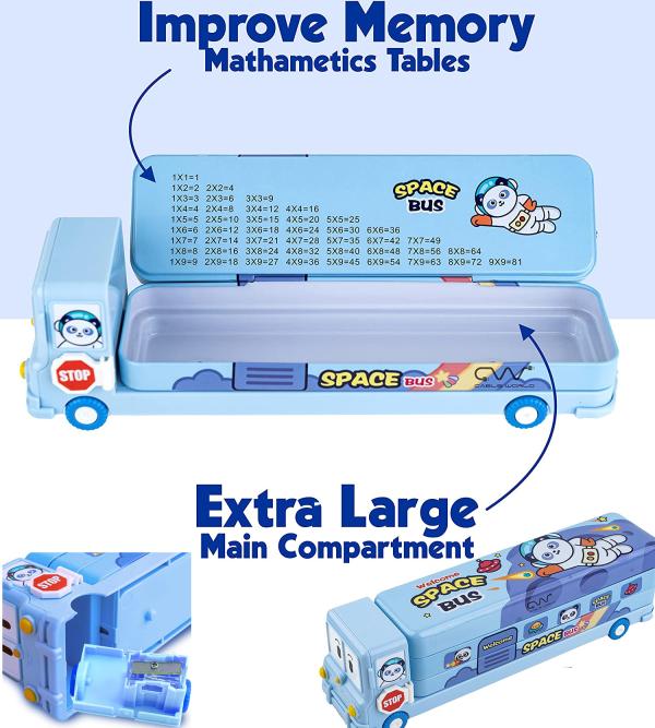 BLUE SEED Bus Pencil Box With Moving Tyres And Sharpner Educational
