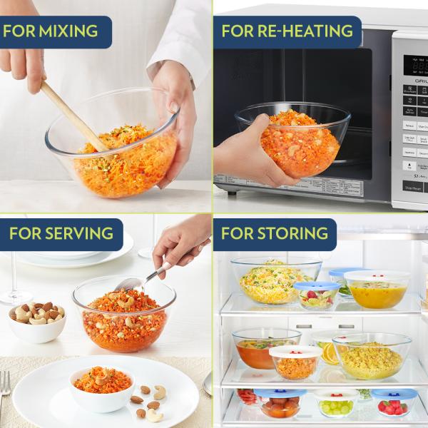 Borosil Glass Mixing & Serving Bowls With Lids, Oven & Microwave Safe