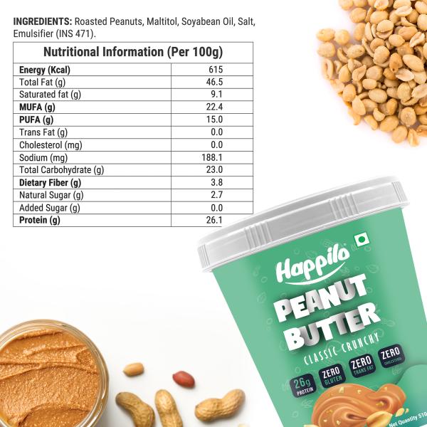 Happilo Classic Peanut Butter Crunchy 510g, Protein Rich, Roasted