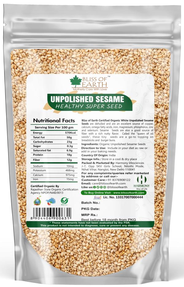 Bliss of Earth USDA Organic Unpolished Sesame Seeds 500gm White For