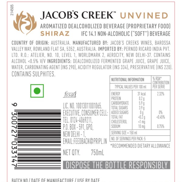 JACOB'S CREEK UNVINED SHIRAZ NON ALCOHOLIC RED GRAPE STILL WINE, 750 ML
