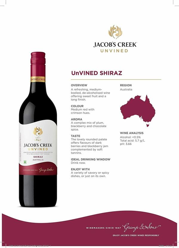 JACOB'S CREEK UNVINED SHIRAZ NON ALCOHOLIC RED GRAPE STILL WINE, 750 ML