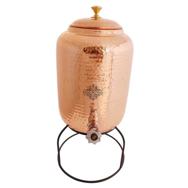 Copper 5 Liter Water Dispenser Container pot with 1 Copper Glass & Stand US 