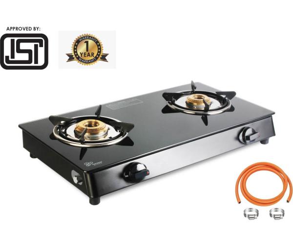 GOOD FLAME 2 Burners Black Glass Gas Stove with 1.5 mm Hose Pipe and