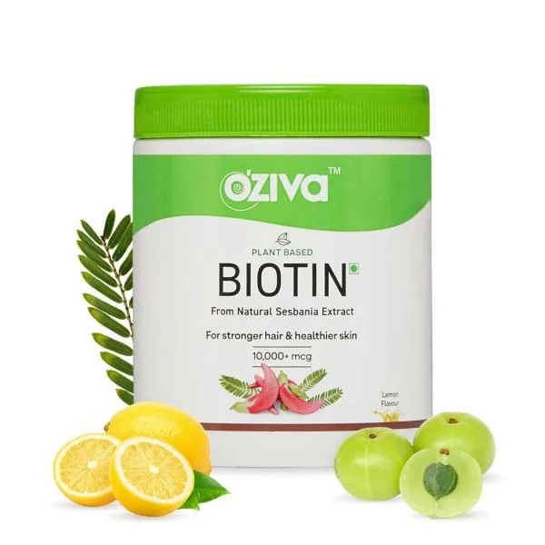OZiva Plant Based Biotin 10000mcg+(with Amla to Support Hair Growth &  Reduce Hairfall) for Men & Women, For Stronger Hair & Healthier Skin  (Biotin Powder, 125gm) (Biotin Lemon, Pack of 1) -