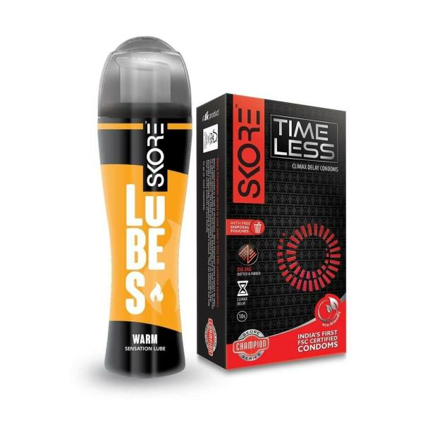 Skore Climax Delay Condoms (Time Less) 10N + Skore Lubes Warm 50 ml