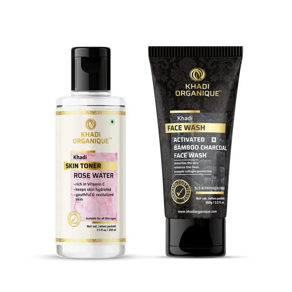 Khadi Organique Rose Water Skin Toner With Activated Charcoal Face Wash (Pack of 2) 310 GM