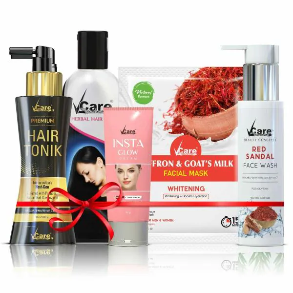 Vcare Hair and Skin Care Gift Set - Herbal Hair oil, Day Night Hair Tonic,  Sheet Facial