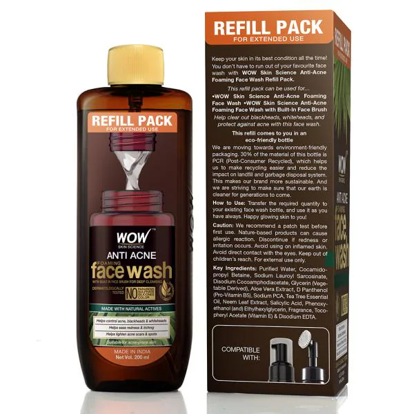 WOW Skin Science Anti Acne Face Wash Refill Pack For Extended Use No Parabens, Sulphate
