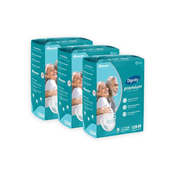 Dignity Premium Adult Diapers, Medium, Waist Size 28" 45" , 10 Pcs