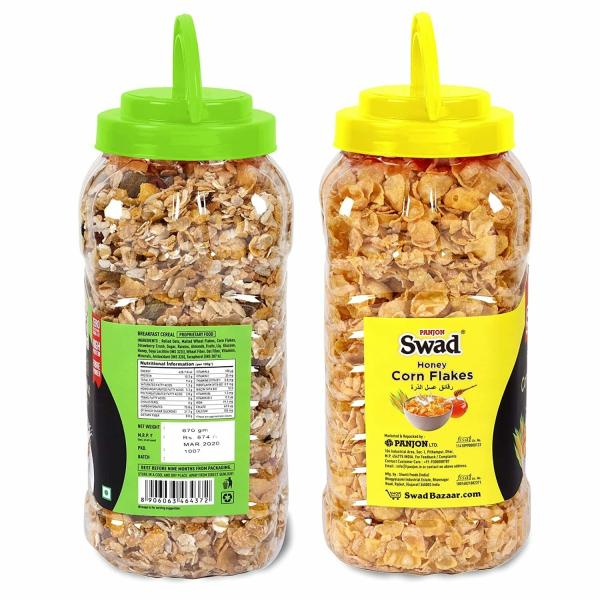 Swad Honey Corn Flakes & Muesli Fruit & Nut (Wholegrain with Oats,Almonds,Dry Fruits) 2 Jar