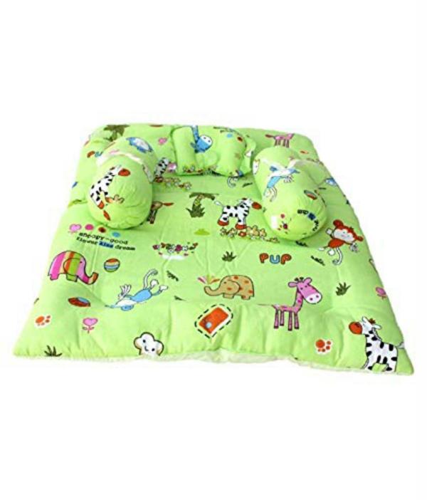 Cuteably Green Born Baby Bedding Set With Mattresses Neck Pillow And Two Baby Side Bolster Set