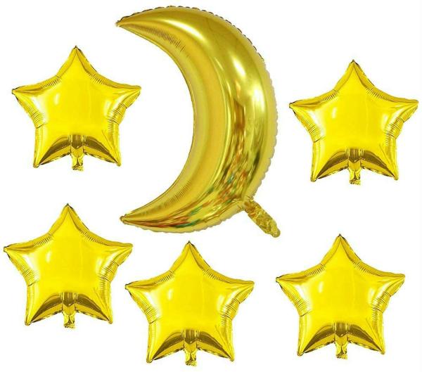 Theme My Party Gold Aluminium Moon Shaped Balloons, Star Shaped