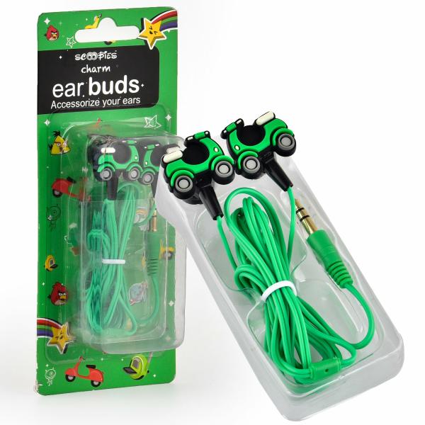 Scoobies Scooter Charm Earbuds Ear Wired Earphones Frisky Green Scooter Design 3.5 mm Jack
