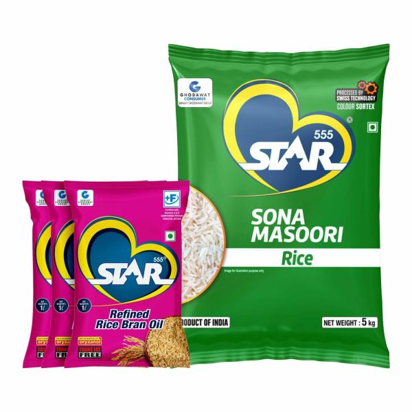 STAR 555 Sona Masoori Rice Pouch - 5 Kg | Rice Bran Oil 3 Litre | Rice ...