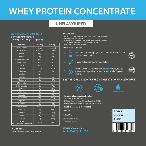 Better Nutrition Unflavoured Whey Protein Concentrate Powder 1 kg JioMart