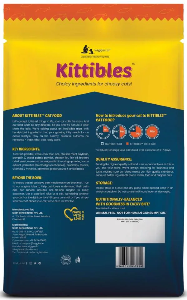 Wiggles Kittibles Cat Food Dry Adult, 1kg Ashwagandha, Prebiotics