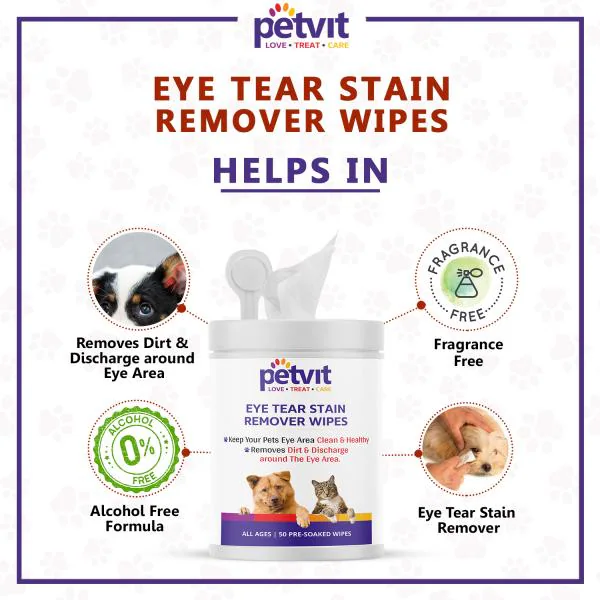 Petvit Eye Tear Stain Remover Wipes For Dogs And Cats l Keep Your Pets Eye  Area Clean & Healthy - Fragrance Less 50 Wipes | For All Age Group - JioMart