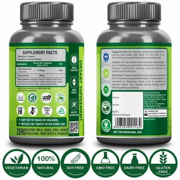 Nutrainix Organic Vitamin B12 With Spirulina 90 Vegetarian Capsules