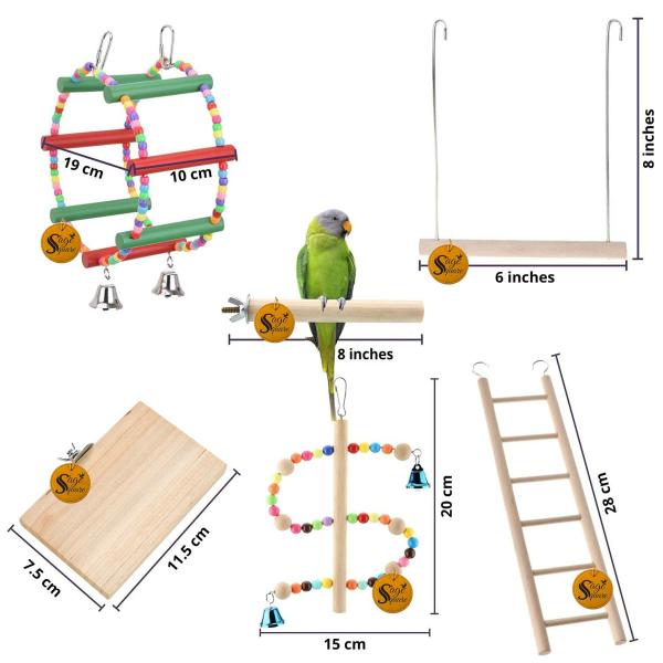 Sage Square Wooden Bird Toys Combo Ladder Wheel Platform Perch Swing