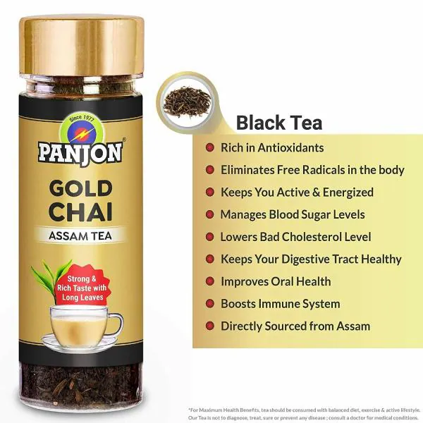 Panjon Gold Chai Assam Black Tea 100% Strong Chai Patti with Long Leaves &  Rich Taste (50 Cups) - JioMart
