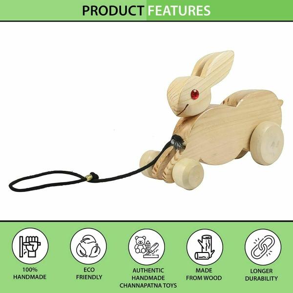 Channapatna Toys Wooden Rabbit (Big) Pull Along Toy for 12 Months