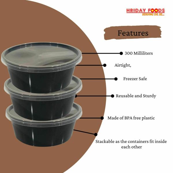 Hriday Foods 300 ml Black Round Container with Air Tight Transparent