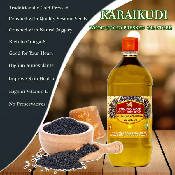 Karaikudi Cold Pressed Gingelly Oil (Jaggery) / Nallennai / Sesame Oil / Til Ka Tel (1 Litre