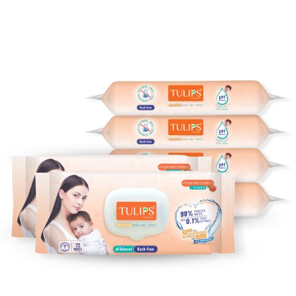 TULIPS Sensitive Baby Wet Wipes Peach Fruit Extracts+ Vitamin E, LID