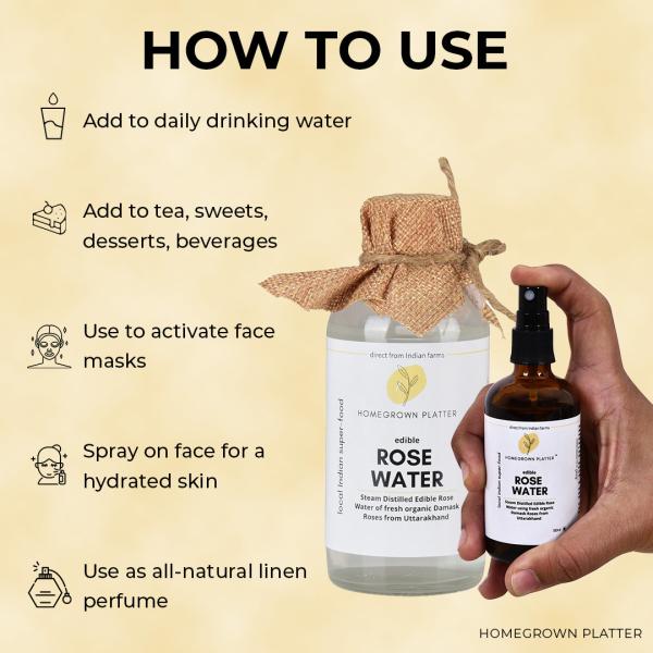 Homegrown Platter Edible Rose Water Combo 200ml bottle and 100ml Spray Bottle for Skincare