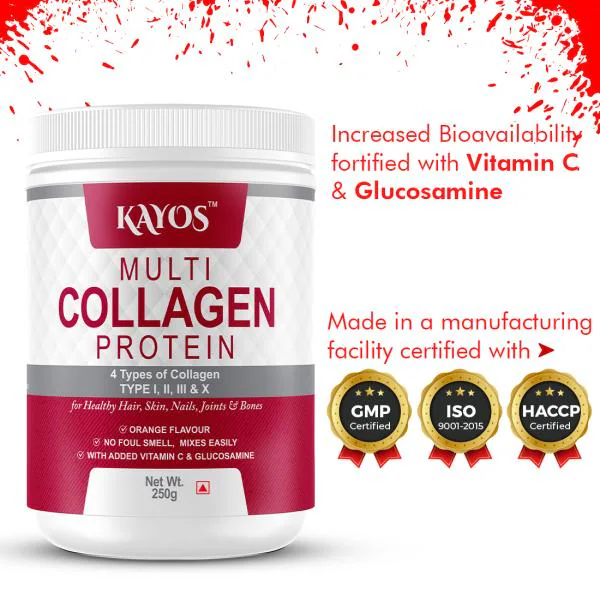 Kayos Multi Collagen Protein Powder (Type I, II, III & X) with Vitamin C &  Glucosamine - No Foul Smell, Mixes Easily for Healthy Hair, Skin, Nails,  Joints & Bones - 250g - JioMart