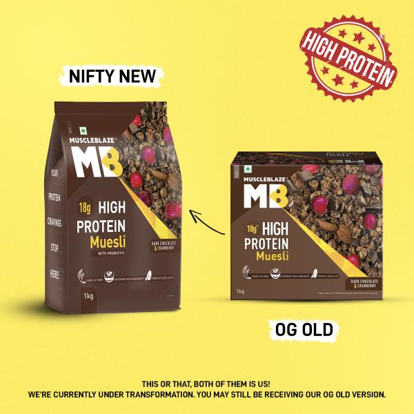 MuscleBlaze High Protein Muesli, Dark Chocolate & Cranberry, 18 g