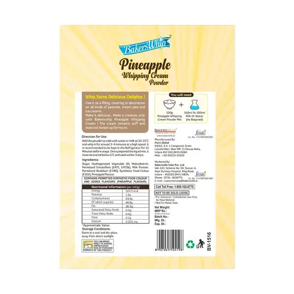 Bakerswhip Whipping Cream Powder, Pineapple, 450 gm JioMart