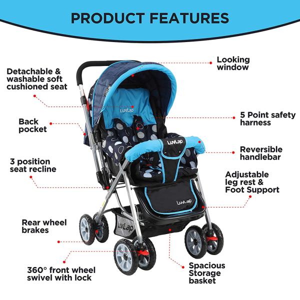 Luvlap Black Blue Sunshine Stroller Pram Easy Fold For Newborn Baby