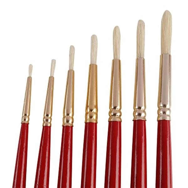 FRKB Natural Hog Hair Round Paintbrush Brush Set of 7 Piece for Oil