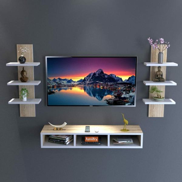 Furnifry Wooden TV Entertainment Unit with 2 Wall Shelf for Bedroom
