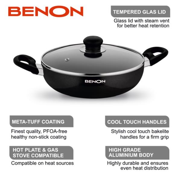 BENON Premium Aluminium Non Stick Non Induction Base Kadai/Khadai with