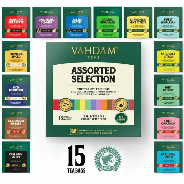 VAHDAM Tea Bags Assortment Sampler Trial Pack Tea Assortment of 15