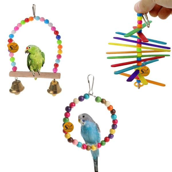 Sage Square Wooden Bird Toys Combo Swing Hanging Cage Toy For Budgie