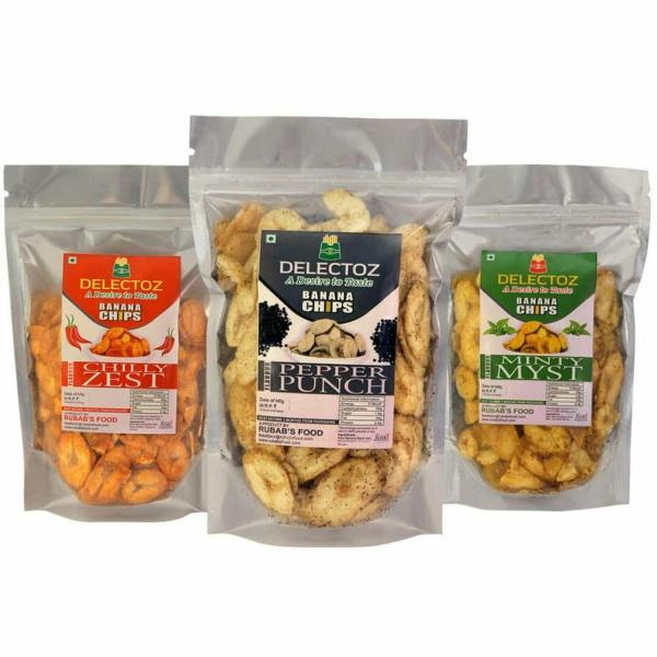 DELECTOZ Chilly Zest,Minty Myst And Pepper Punch Flavor Banana Chips Pack Of 3(200gram Each