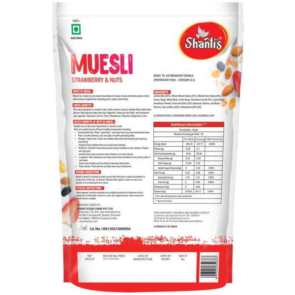 Shantis Strawberry Muesli Breakfast Cereal High in Iron Source of Fibre