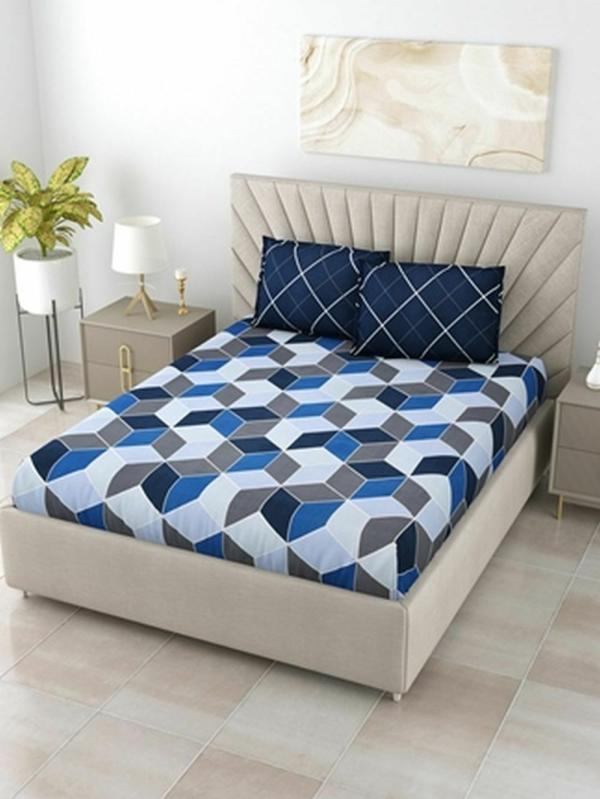 Salona Bichona Polyester Blue Geometric Printed Double Bedsheet Set