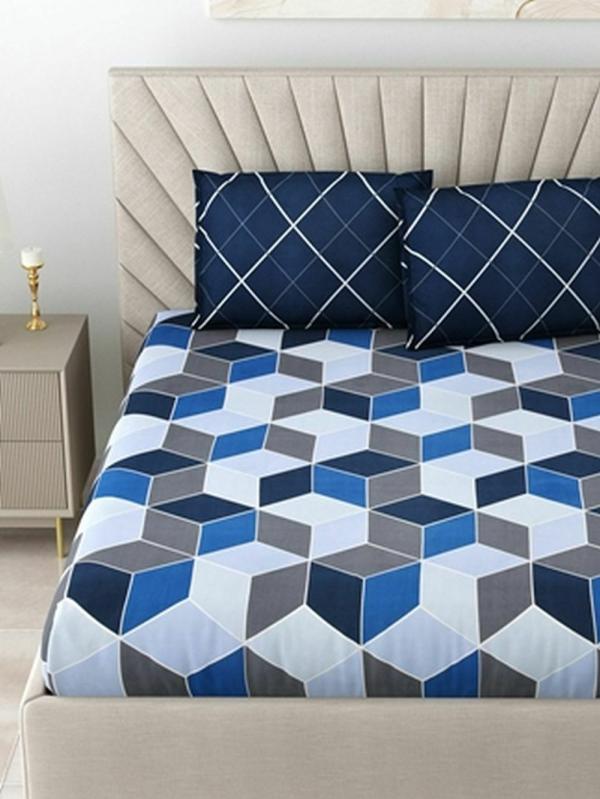 Salona Bichona Polyester Blue Geometric Printed Double Bedsheet Set