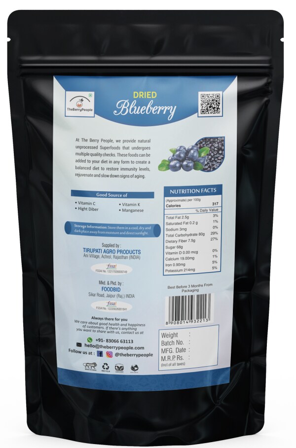 The Berry People Fresh Mouthwatering Dried Blueberries without sugar 100gms Vitamin K and High
