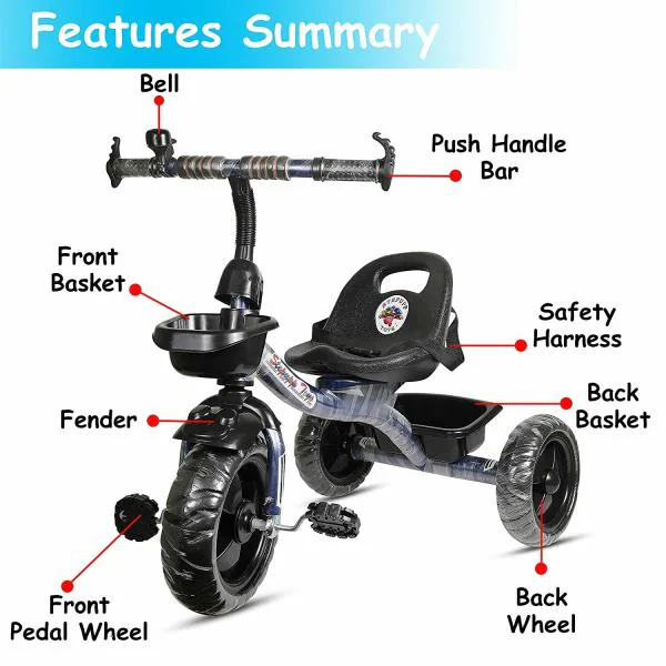 Mezire BST01 Tricycle For Kids With Front & Back Basket, Tricycle For