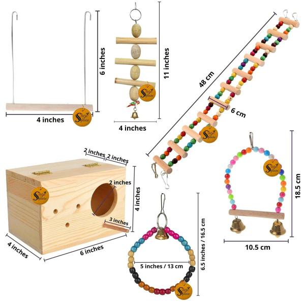 Sage Square Wooden Bird Toys Combo Breeding Box Ladder Swing Hanging
