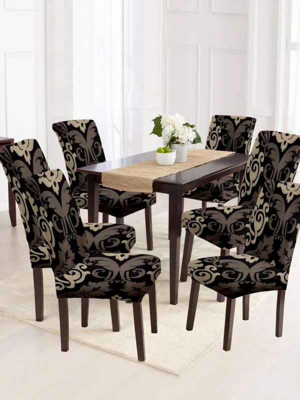 Brown Damask Dining Chair Cover Pack, Designer Dining Room Chair Covers