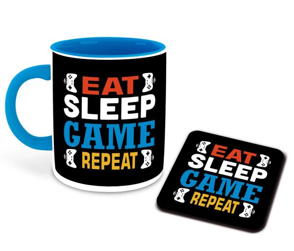 Whats Your Kick Funny Quotes Theme Eat Sleep Game Repeat Quotes Design  Printed Sky Blue Ceramic Coffee and Tea Mug With Coaster 325 ML - JioMart