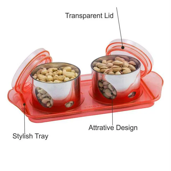Fable Red Plastic Airtight Dry Fruit Set Box with Lid Serving Tray 500