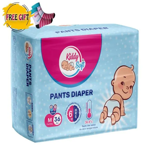 Kiddysoft Baby Pants Diaper Medium Size 36 Pieces + Free Baby Socks